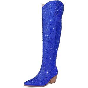 Women Blue Faux Leather Sparkly Bling Rhinestone Over the Knee Cowboy Boots